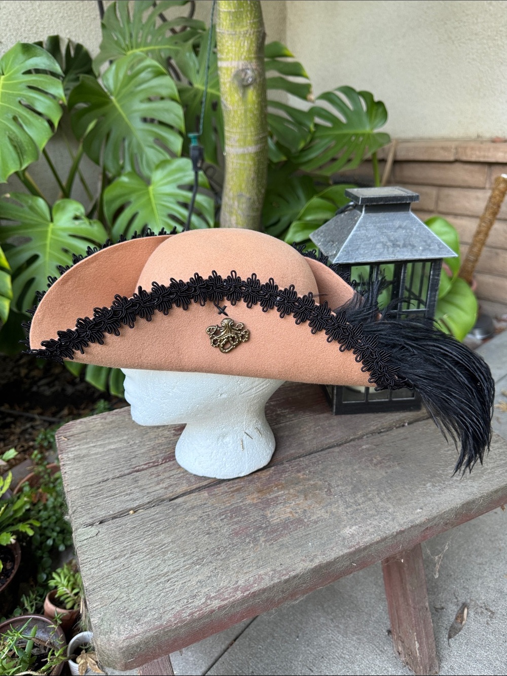 Tricorn Custom Wool Felt Pirate Hat Tan Light Brown Black Trim & Feather